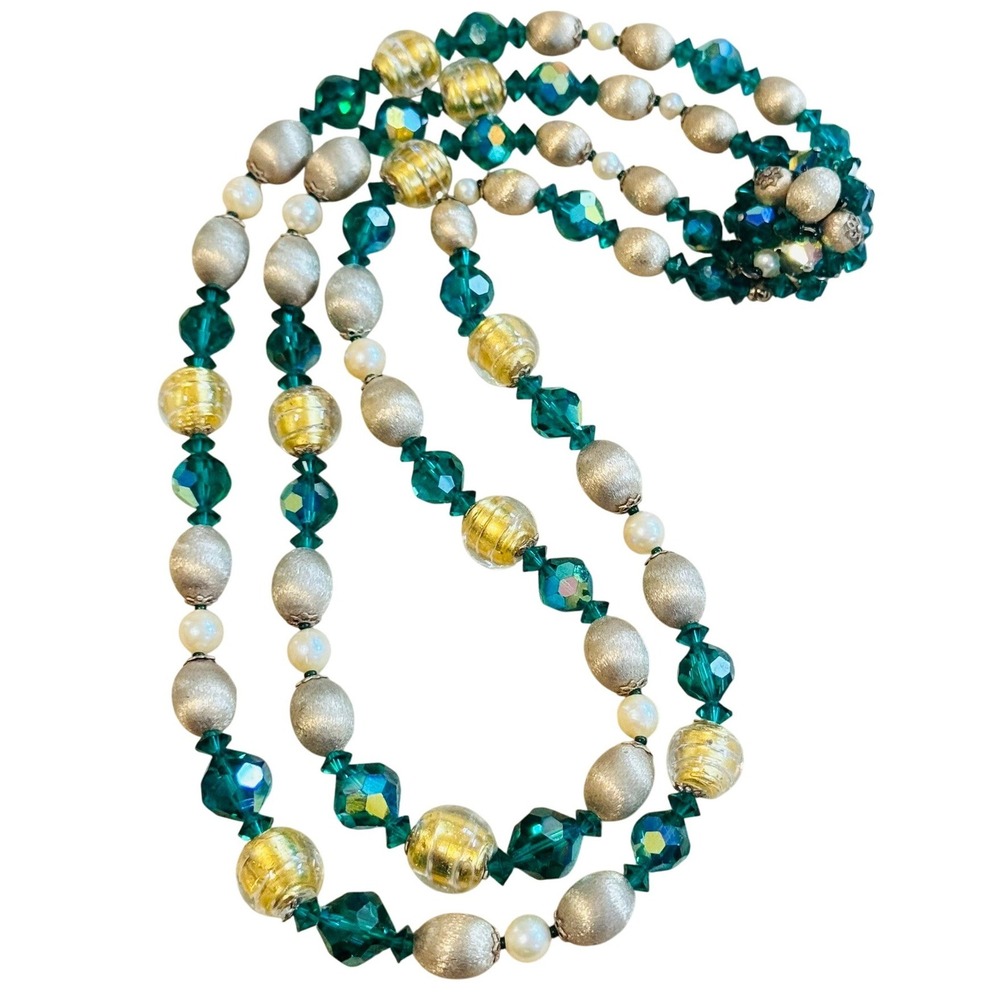 regal 60s Necklace VTG green Aurora borealis Crystal pearl gold glass jeweled